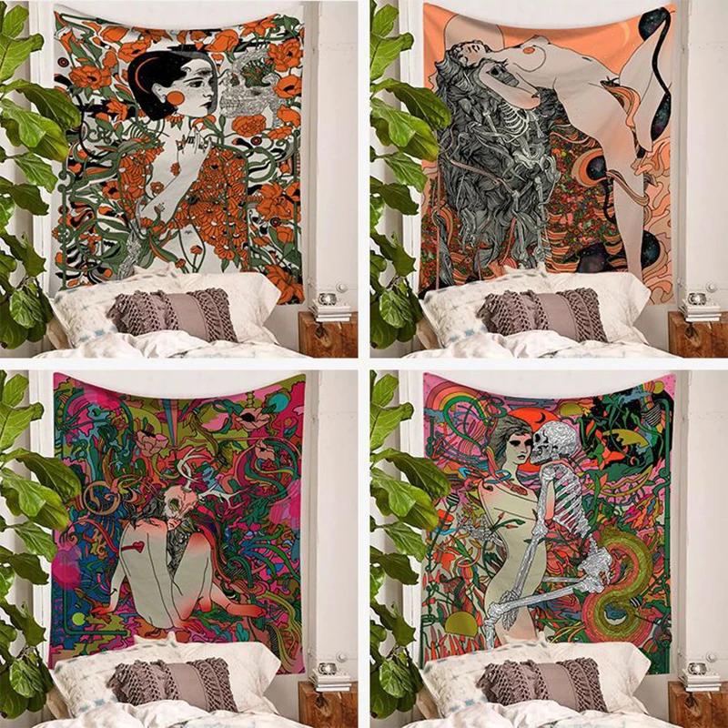 witch skull  flower sexy girl wall art blanket abstract rug fabric tapestry room outdoor  hanging