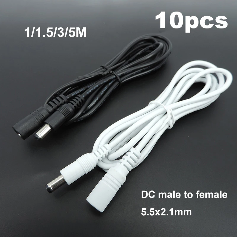 Adaptador de fuente de alimentación macho a macho hembra, enchufe de cable blanco y negro, Conector de cable de 5,5x2,1mm, cables de extensión de 12V, 10x22AWG, 3a, CC, J17