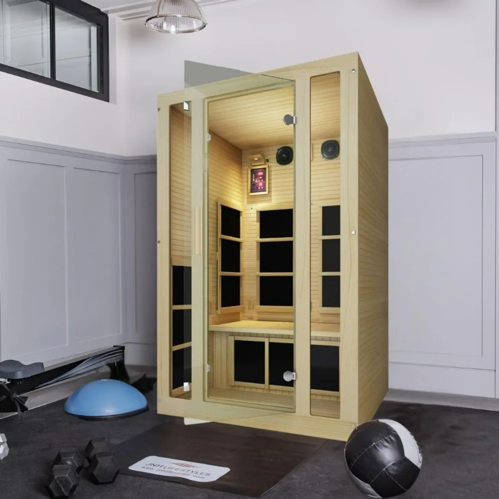 

Sauna Rooms, 2 Person Canadian Hemlock Low EMF Far Infrared Sauna with Simplified Digital Control Panel, Bluetooth Capabilities