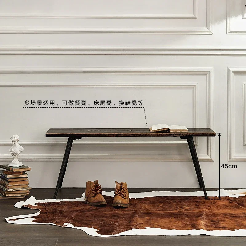Nordic Bedside Stool Dining Table Bench Industrial Wabi Wind Solid Wood Oak Wrought Iron Natural Edge Bench Expression Furniture