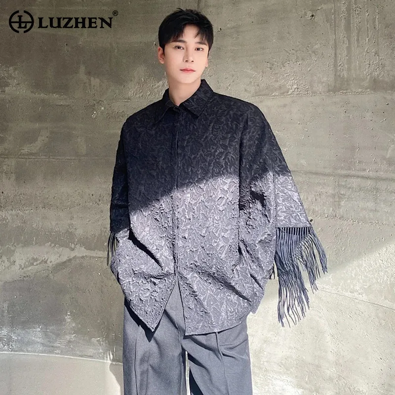 LUZHEN Fashion Jacquard Tassel Decorate Patchwork Cloak Design Long Sleeved Shirt Trendy Men's Chinese Style Outwear LZ7860