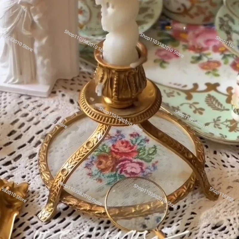 Medieval French Retro Lace Glass Carved Candle Holder, Home Decoration Dining Table European Shooting Props