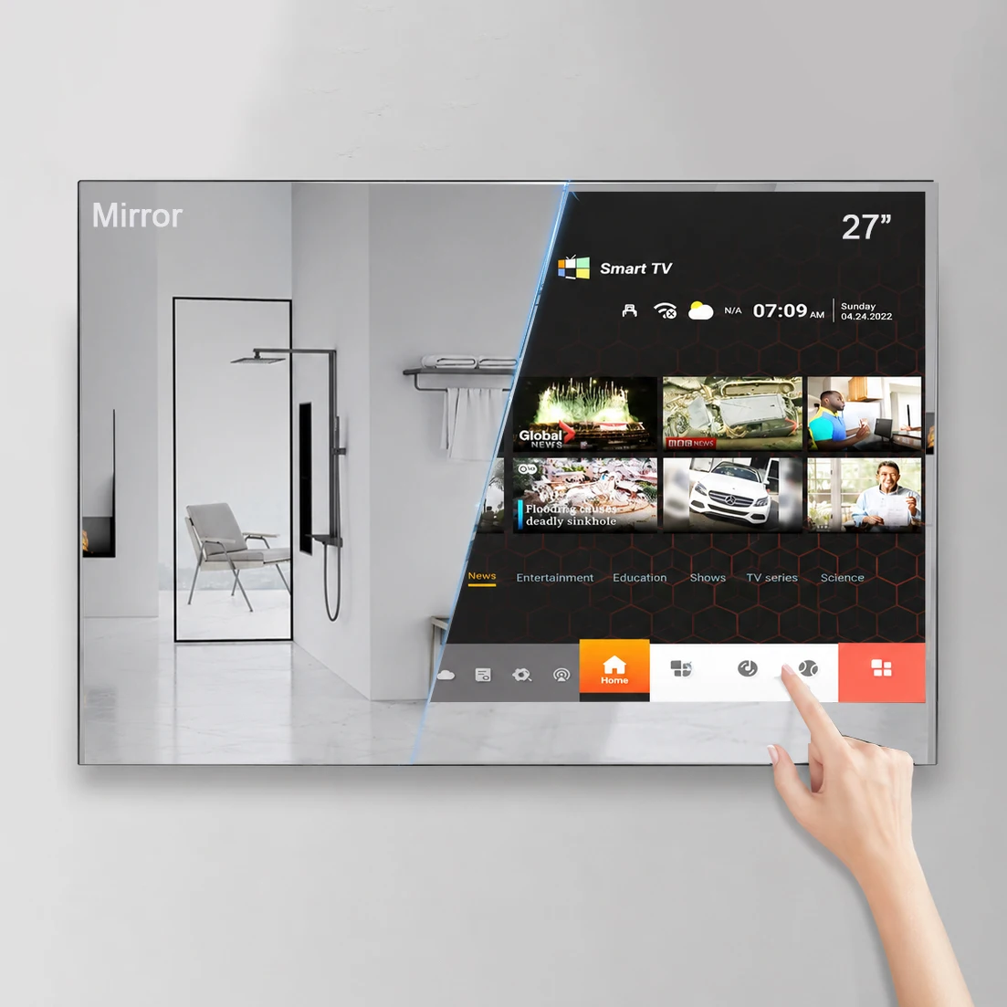 Souria 27 inch Full HD Touchscreen Mirror LED TV Waterproof for Bathroom Kitchen Television DTV Tuner WiFi Bluetooth SPA