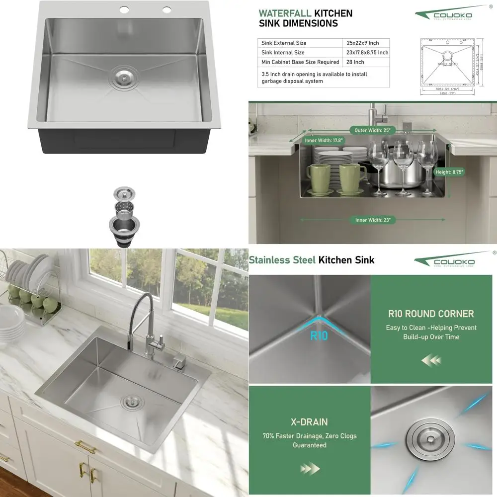 

24-дюймовая кухонная раковина с одной чашей из нержавеющей стали, вставной стиль для стирки на колесах, глубокая раковина, дизайн ручной работы с верхним креплением