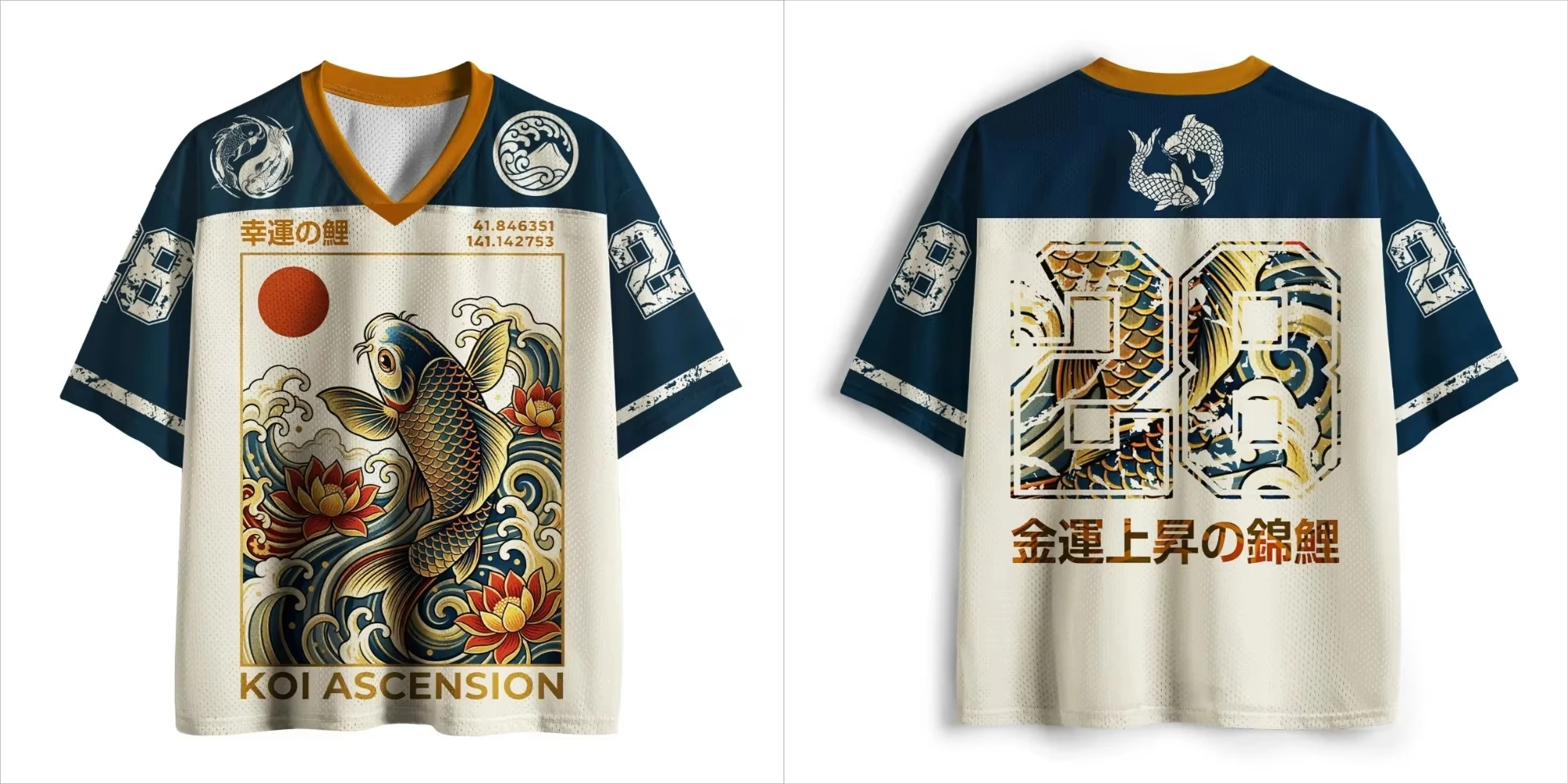 Japanese Koi Fish Lotus Flower Mesh Jersey Unisex Traditional Ukiyo-e V Neck Short Sleeve Loose Breathable Streetwear Top