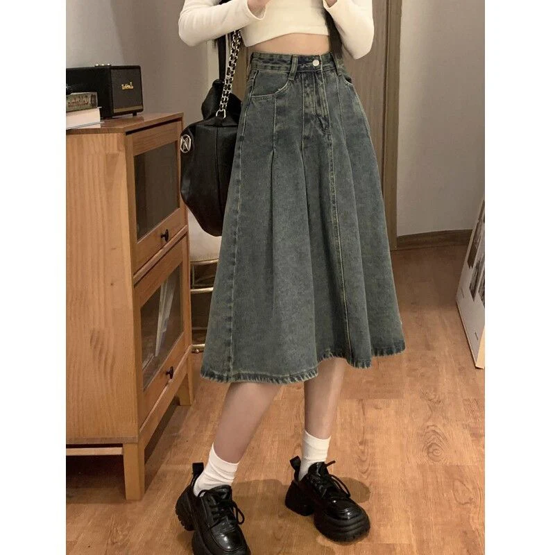 

Summer Women Chic High Waist Jeans Skirts Female Retro Pleated Design Mid-Long Denim Skirts Girls Thin Casual A-line Dress