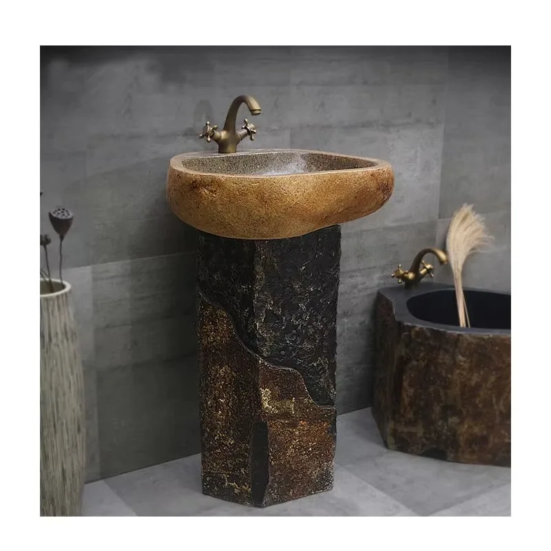 

Stone Pedestal Vessel Sink Cobble Stone Lavatory Vintage Washing Bowl Cobble Stone Basin Outdoor Farmhouse Vanities