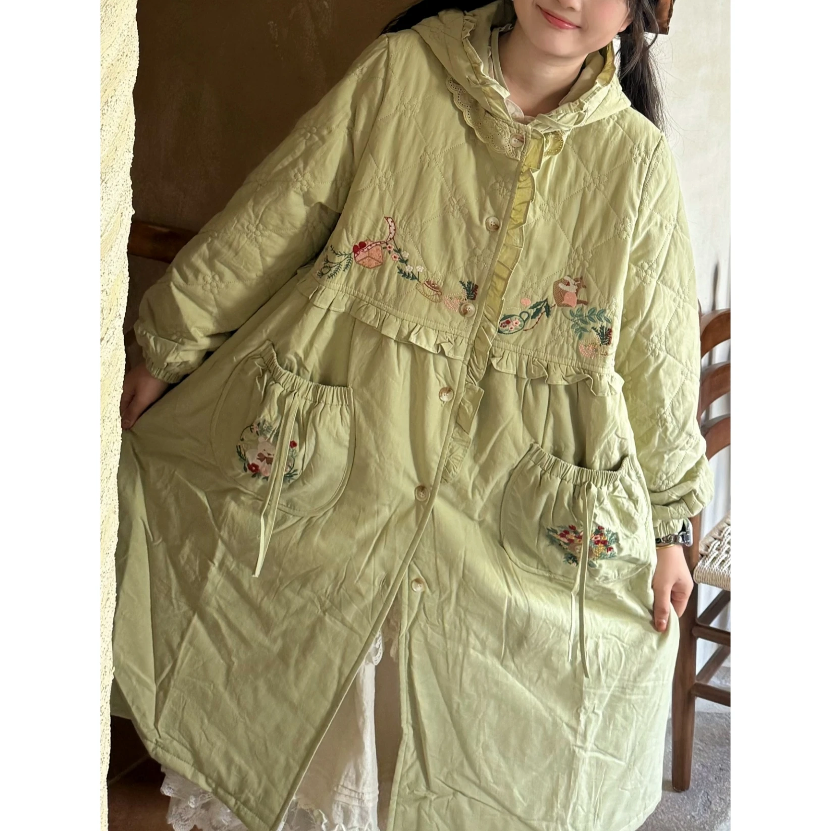 

Winter Japanese Sweet Embroidery Floral Quilting Long Coat 2025 Women Korean Fashion Sweet Kawaii Cute Lolita Hoodie Coat Parkas