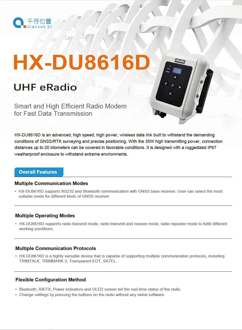 Bluetooth Communication Interface for RTK External HX-DU8616D Modem Compatible with Q600 and Qianxun Receivers