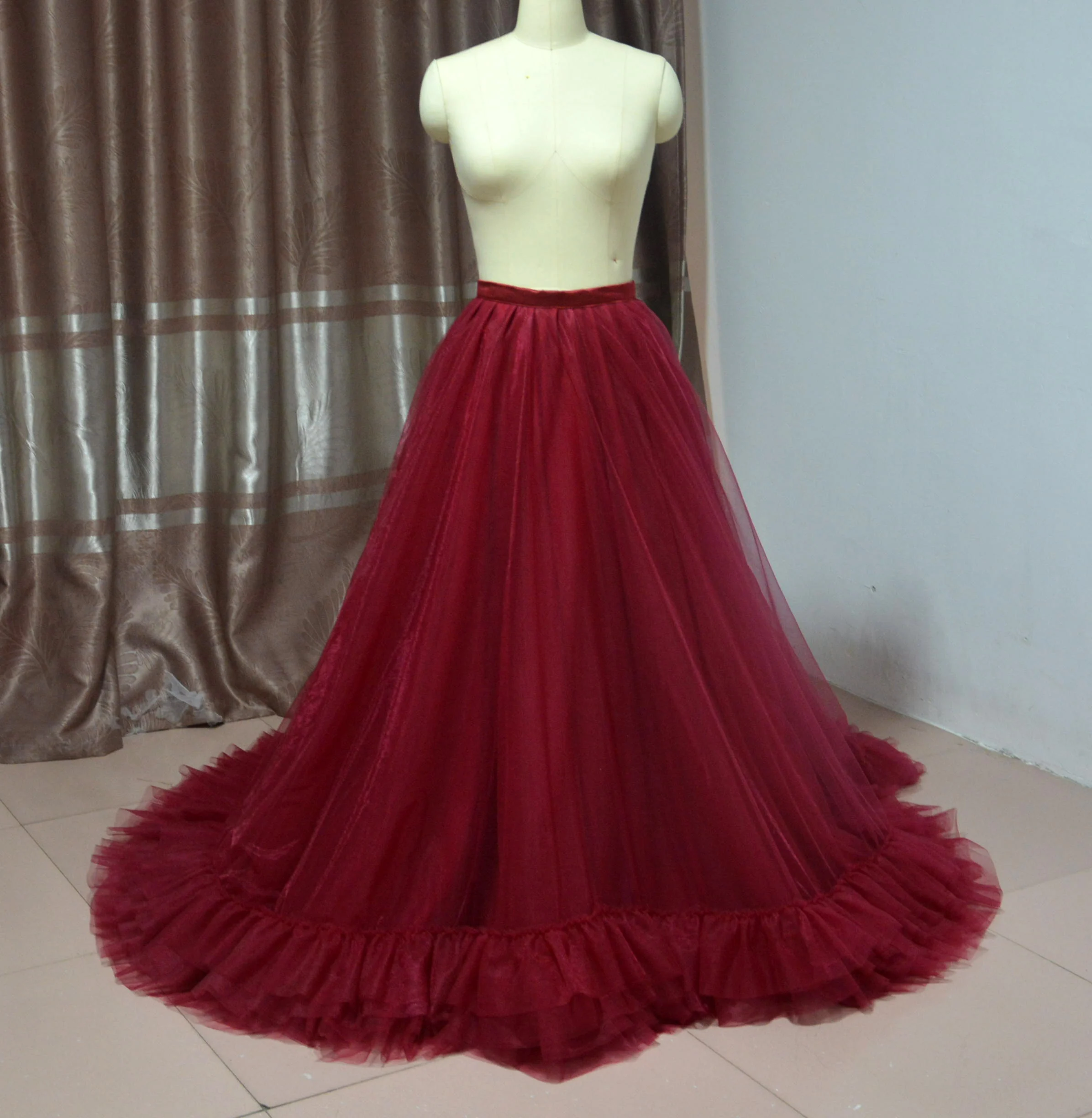 

Purple Long Ruffles 4 layer Tulle Skirt Streetwear Spring Summer Long Tulle Skirts Womens Birthday jupe Party Skirt custom size