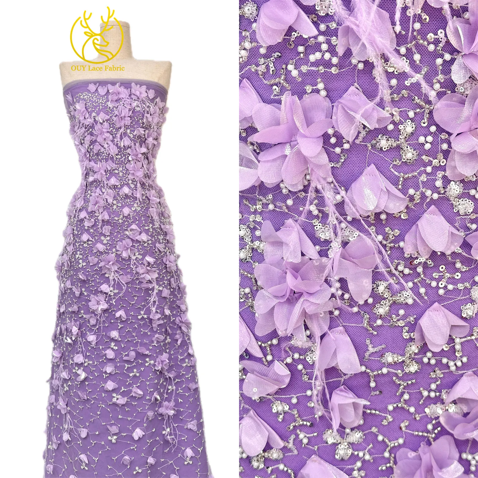 Eleganter handgefertigter 3D-Applikations-Spitzenstoff 2026, hochwertige französische Pailletten-Tüllspitze für Hochzeits- und Partykleider, 5 Yards – Detail 8