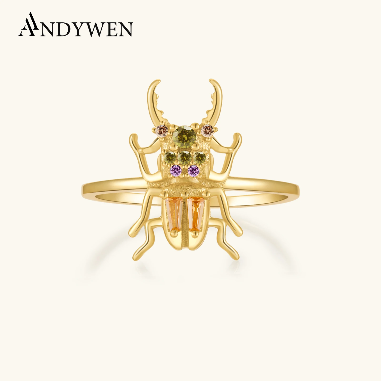 

ANDYWEN 100% 925 Sterling Silver Gold New Courage Zircon Beetle Ring Fine Jewelry Luxury 2021 Luxury Rainbow Jewels Crystal