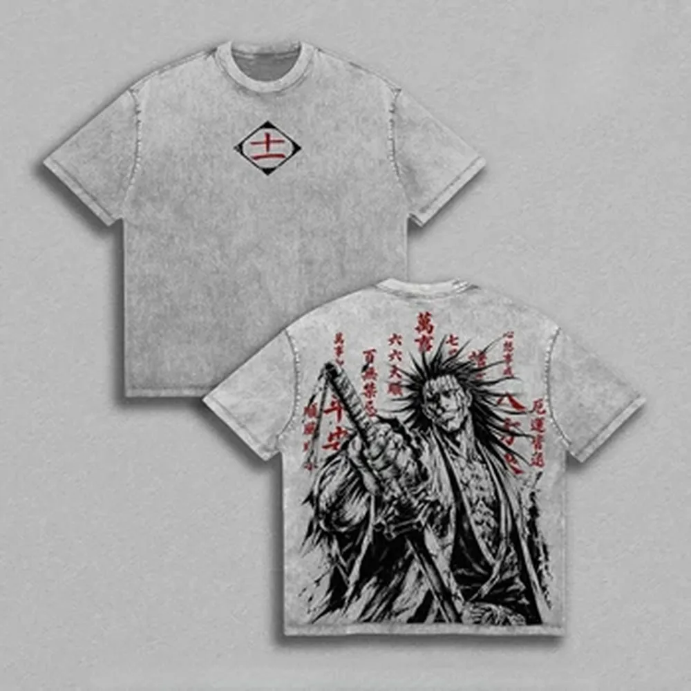 Camiseta de Anime Zaraki Kenpachi BLEACH, Camiseta Vintage Lavada, Estilo Urbano, Camiseta de Verano de Manga Corta, Camisetas Holgadas de Algodón, Ropa para Hombre y Mujer