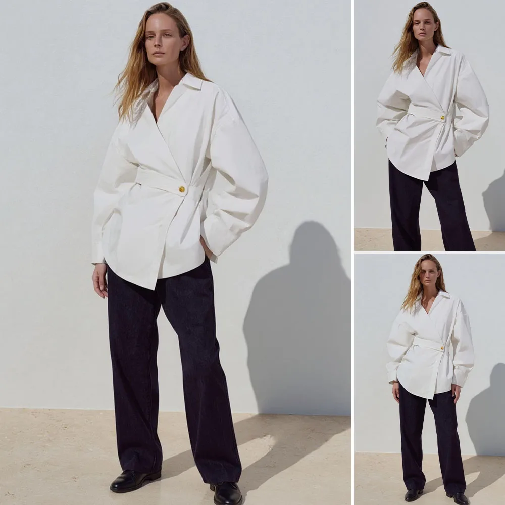 

Mia Muse Boutique Women's Shirts Simple Decent Solid Color Fitted Waist Long Sleeve Shirt Collar Asymmetrical Hem Slim Shirts