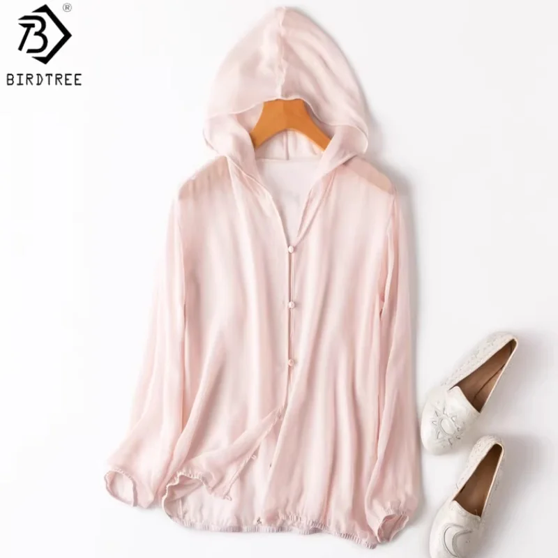 

Birdtree, 100% Real Silk Sheer Coat, Women Georgette Hooded Jacket, Full Sleeve Breathable Cardigan, 2026 Spring New T63436JF