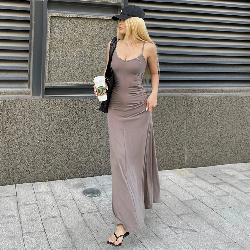 

Women Strappy V Neck Ruched Detail Maxi Dress