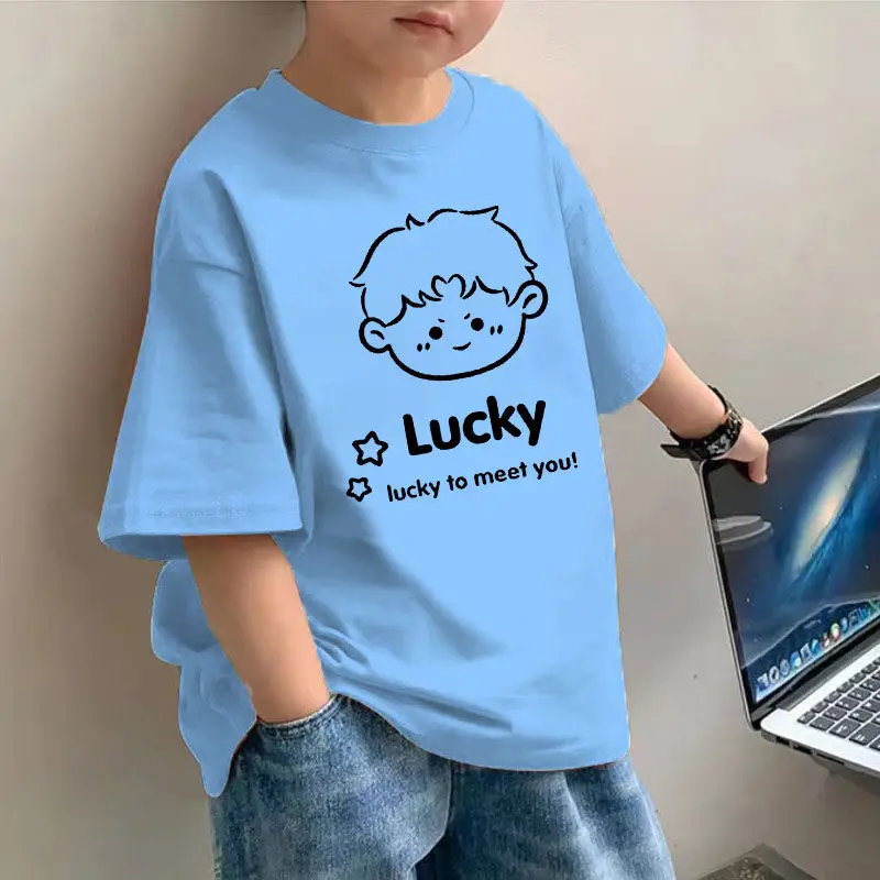 Lucky Printed Summer Children's Pure Cotton Short Sleeve Loose Half Sleeve Family Fashion Versatile T-shirt