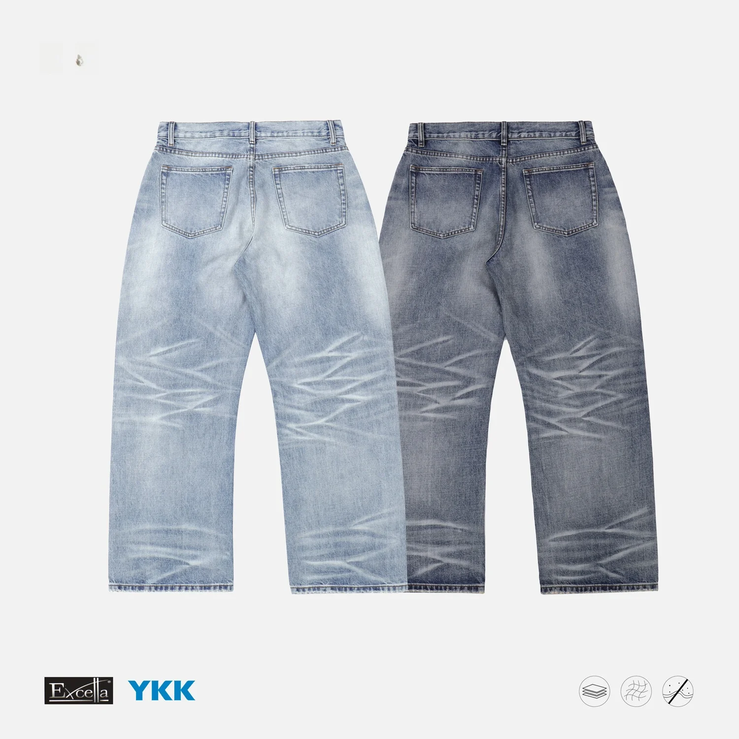 Retro Japanese Style A-Line Loose Fit Straight Leg Jeans Men's High Waist Zipper Hand Sewn Line Denim Long Trousers
