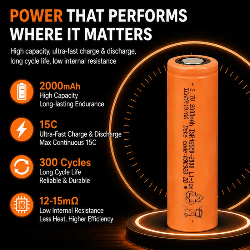E-power 18650-2000 2000mAh 3.7V 15C NMC | 30A Discharge, ≤20mΩ Low IR, 10C ≥96% Capacity | 2C Fast Charge, 300+ Cycles