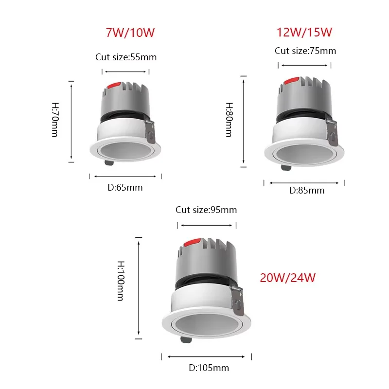 Dimmable Anti-glare Recessed Round Ceiling Spot led Downlight Lamp 7W10W12W15W20W24W 85-265V For Home Lighting
