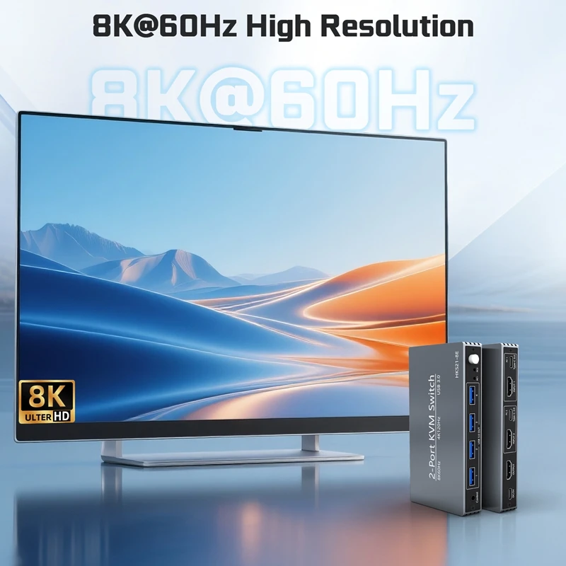 2-port 8K 60Hz HDMI2.1 KVM Switch with 4 Port USB 3.0 4K 120Hz HDMI KVM Switcher for 2 Computer PC Share Mouse Keyboard Monitor