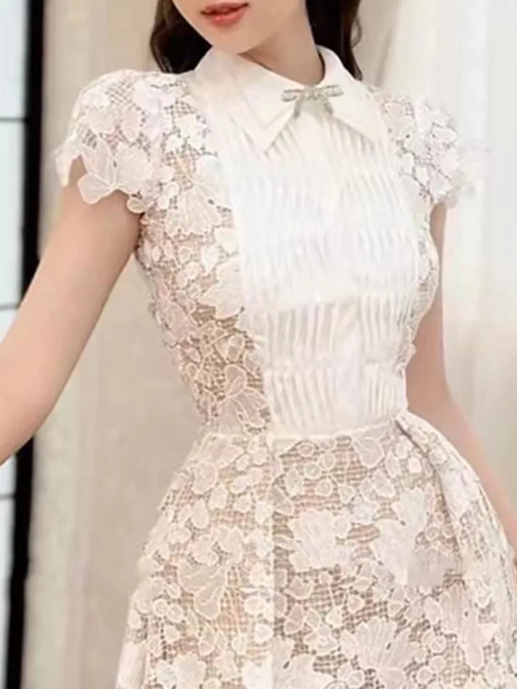 DEAT Elegant Dress 3D Flower Lace Embroidery High Waist Pleated Women\'s Evening Party Dresses 2024 Summer New Fashion 35Z866