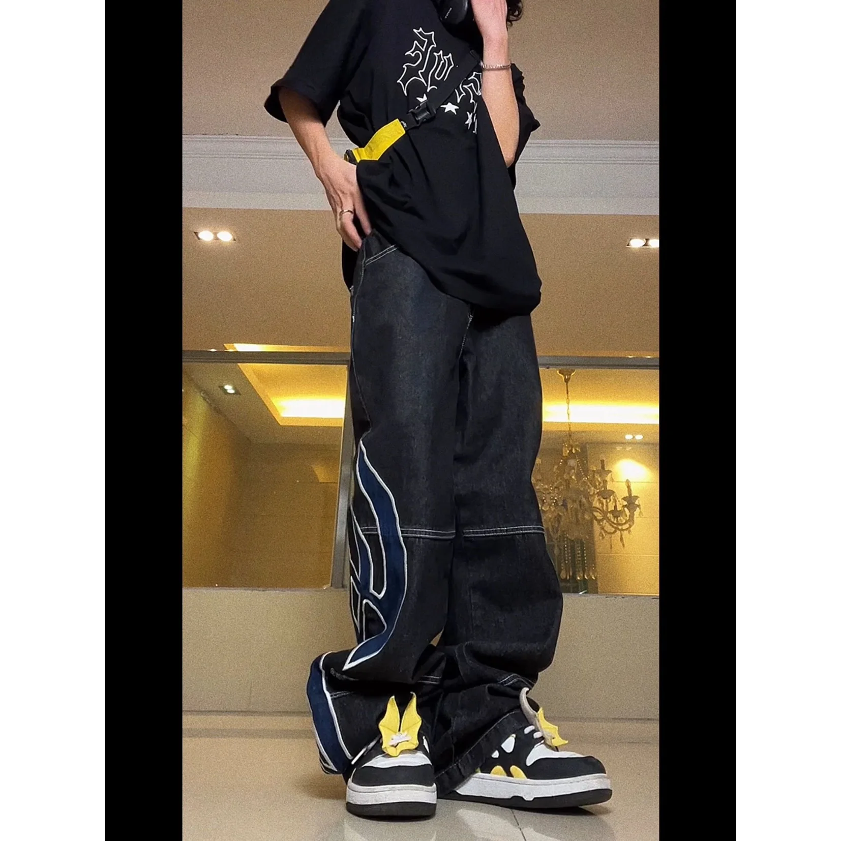 

High Street Fashion Jeans Men's Ins Fashion Hip Hop Japanese Style Personalized Versatile Handsome Loose Straight Leg Pants