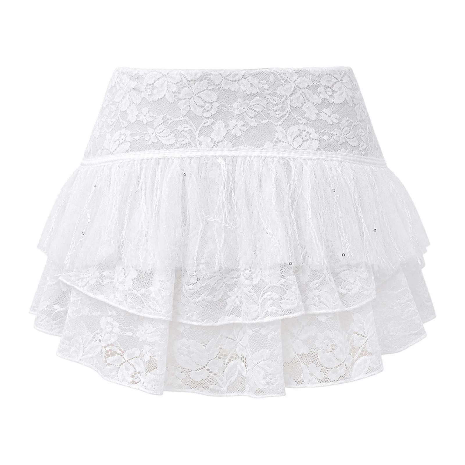 Ruffled Tiered Lace Skirt for Women Y2K Culottes Fuzzy Tassel Elastic Waistband Mini Skirt with Built In Shorts for Party Travel
