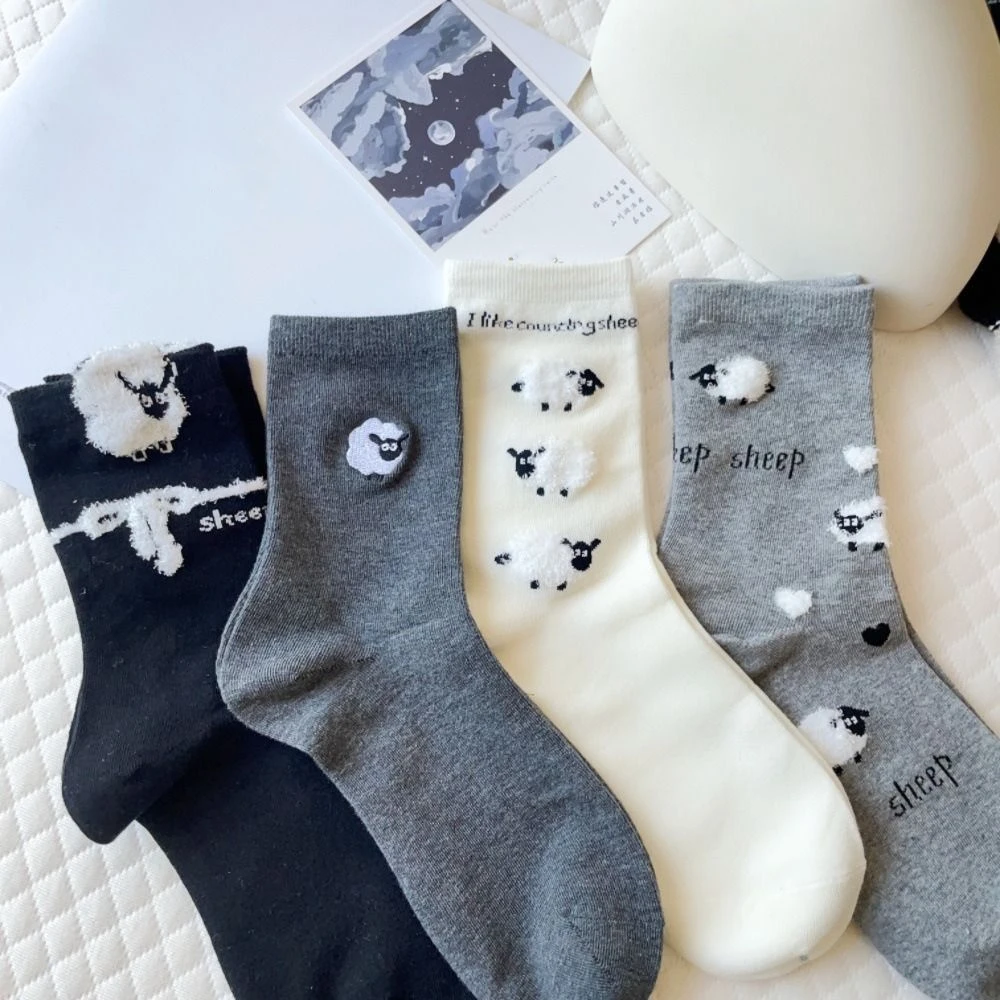 4Pairs Japanese Style Bowknot Cartoon Sheep Socks Letter Breathable Mid-Calf Socks Korean Style Cute Sock Set Women Women's