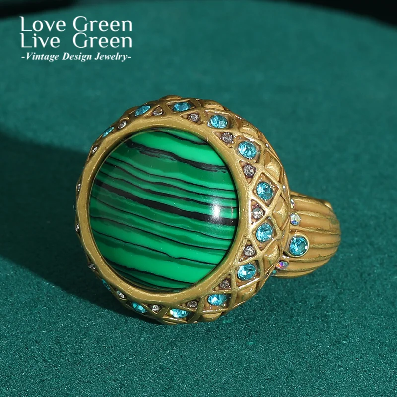 

Fashion Green Rings Vintage Natural Stone Circular Peacock Luxury Brands Jewelry Woman Antique Gold Color Wedding Accessories