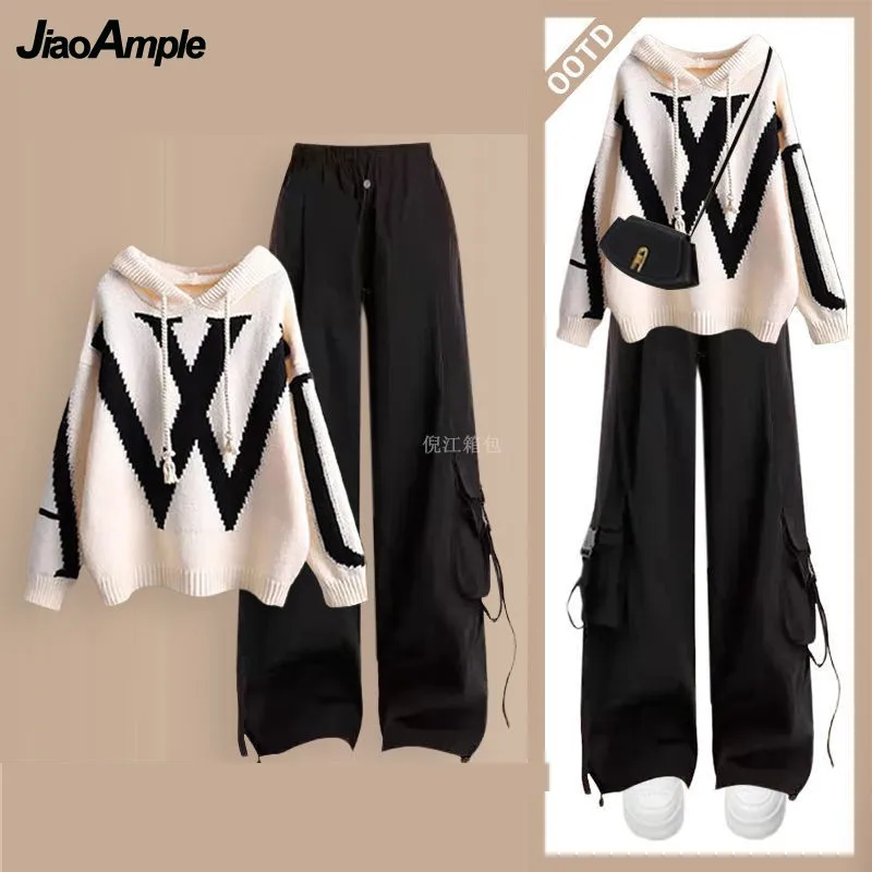 Women's 2024 Autumn/Winter New Tracksuit Matching Set Korean Elegant Hooded Knitted Sweater+Casual Cargo Pants Two Piece Suit