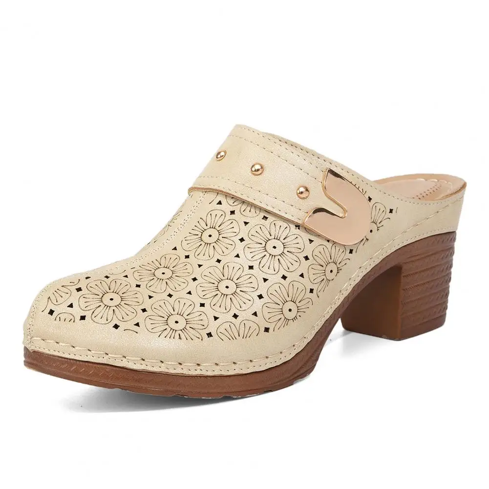Classic Design Women Shoes Stylish Women's Chunky Heel Mules with Flower Pattern Hollow Upper for Summer Street Parties Fall