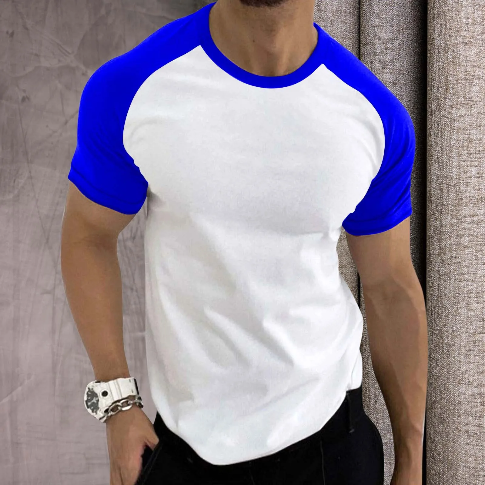 Mens Spring Summer Casual Sports Color Block Raglan Sleeves Round Neck T Shirt Cotton T Shirts Men Soft