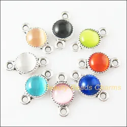 16Pcs Mixed Tibetan Silver Stone Round Charms Pendants Connectors 10x18.5mm