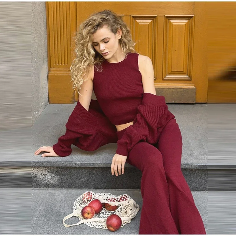 Damen Strick-3-Teiler-Set: O-Ausschnitt, ärmelloses Crop-Top, Langarm-Mantel, weit geschnittene Hose, Herbstmode, neue Strickwaren für Damen – Detail 27