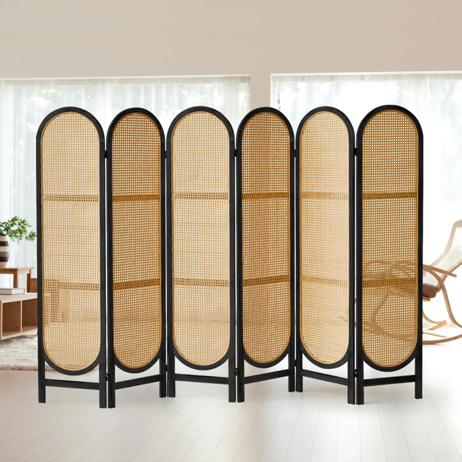 

6 Panels Room Dividers and Hand-Woven Rattan Room Divider Wall, Wood Room Divider Folding Privacy Screens for Home Offic