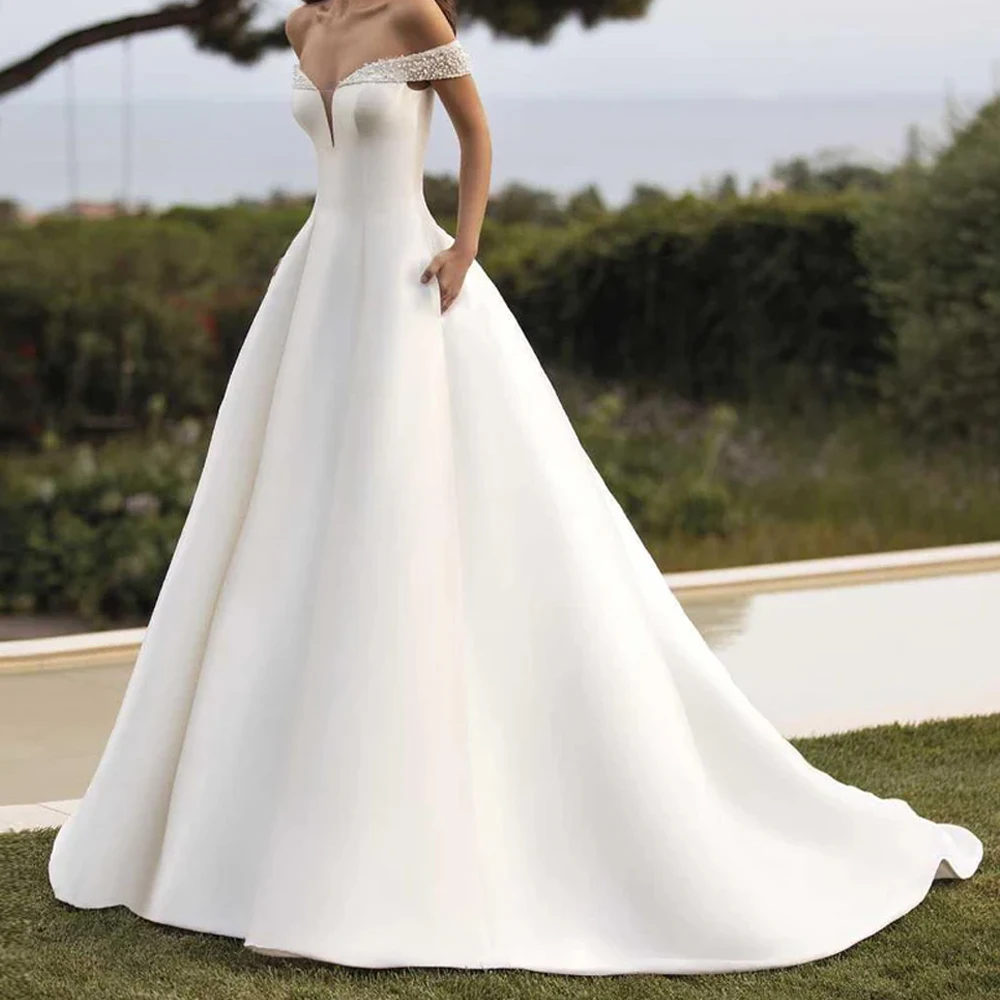 Vestidos de novia personalizados con hombros descubiertos, línea A, escote en V profundo, apliques de encaje con cuentas, Vestido de novia con cremallera de satén