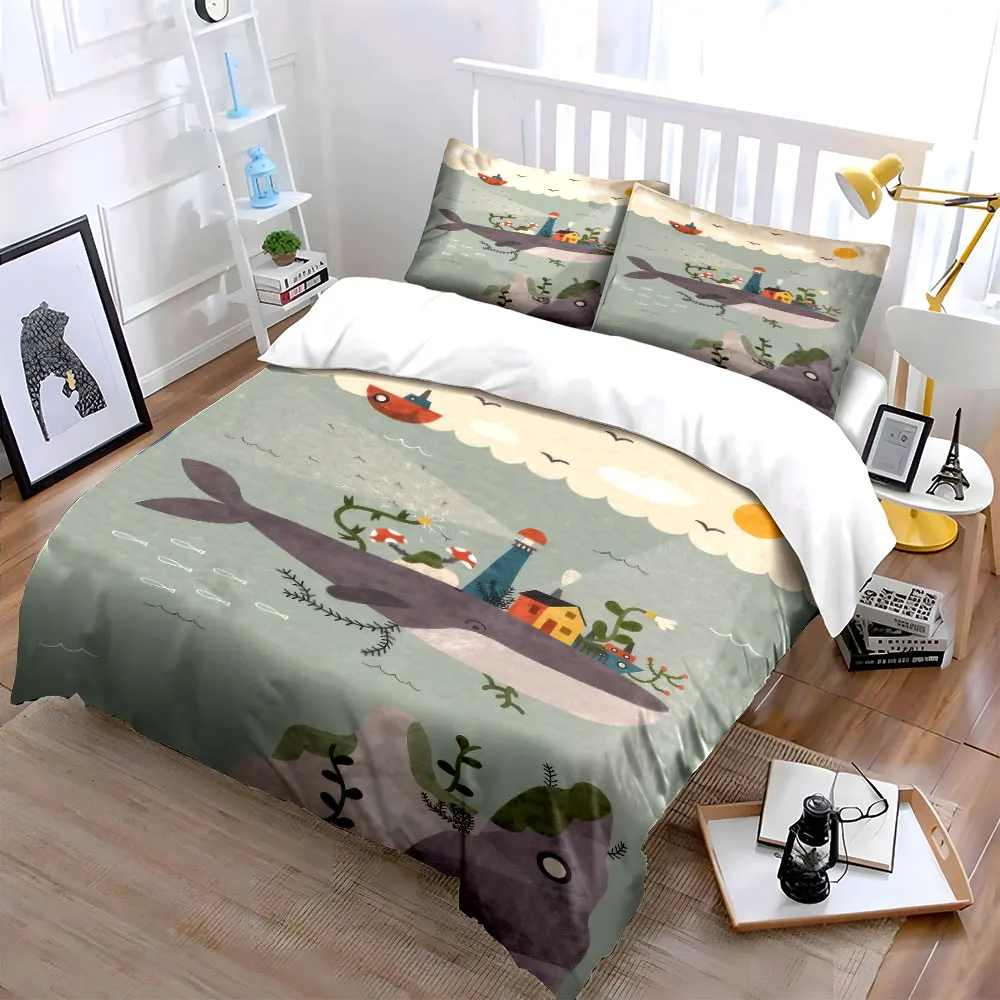 Fantasy Ocean Whale Artwork Decor Soft Skin-Friendly Bedding Set Includes 1 Duvet Cover And 2 Pillowcase, Gift