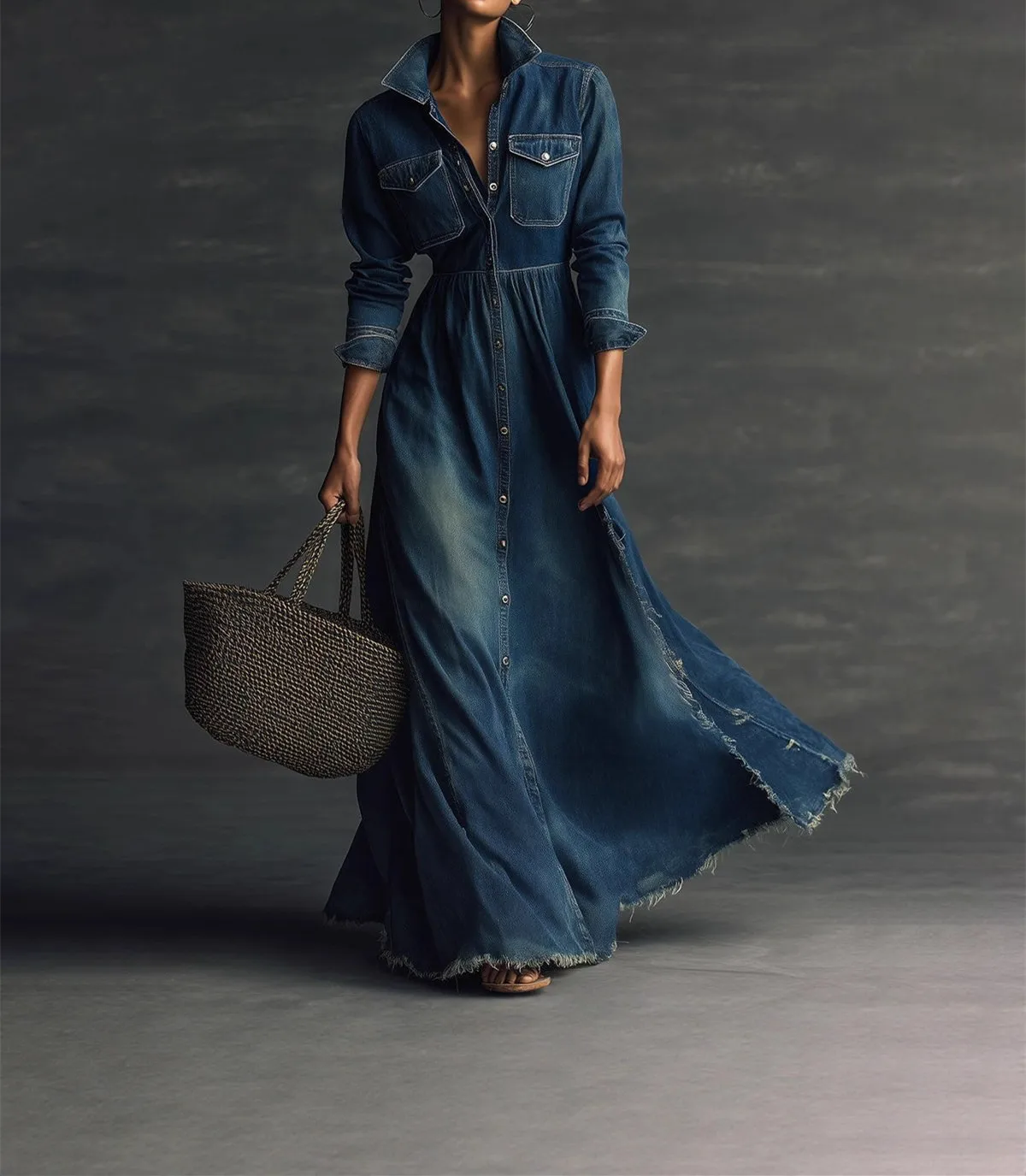 New Fashion Casual Long Sleeve Turn-down Collar Single Breasted Pockets Solid Color Split Flare And Fit Ankle-Length Demin Dress