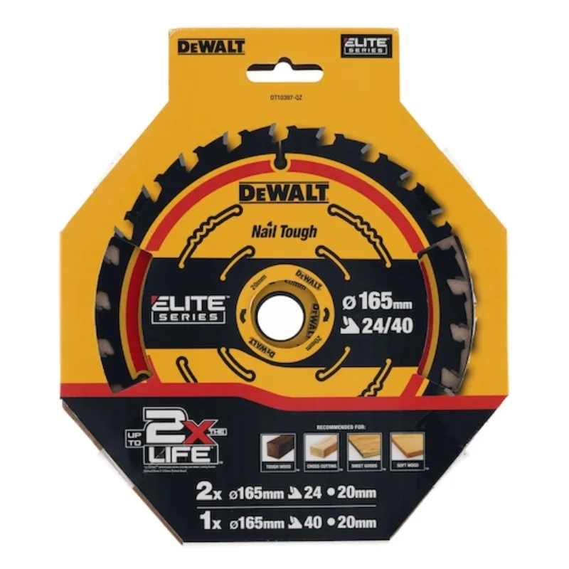 DEWALT DT10397-QZ 165mm Circular Saw Blade 3-Pack, 2x24T + 1x40T Wood Cutting Discs, Elite Series, 20mm Bore for Cordless Saws