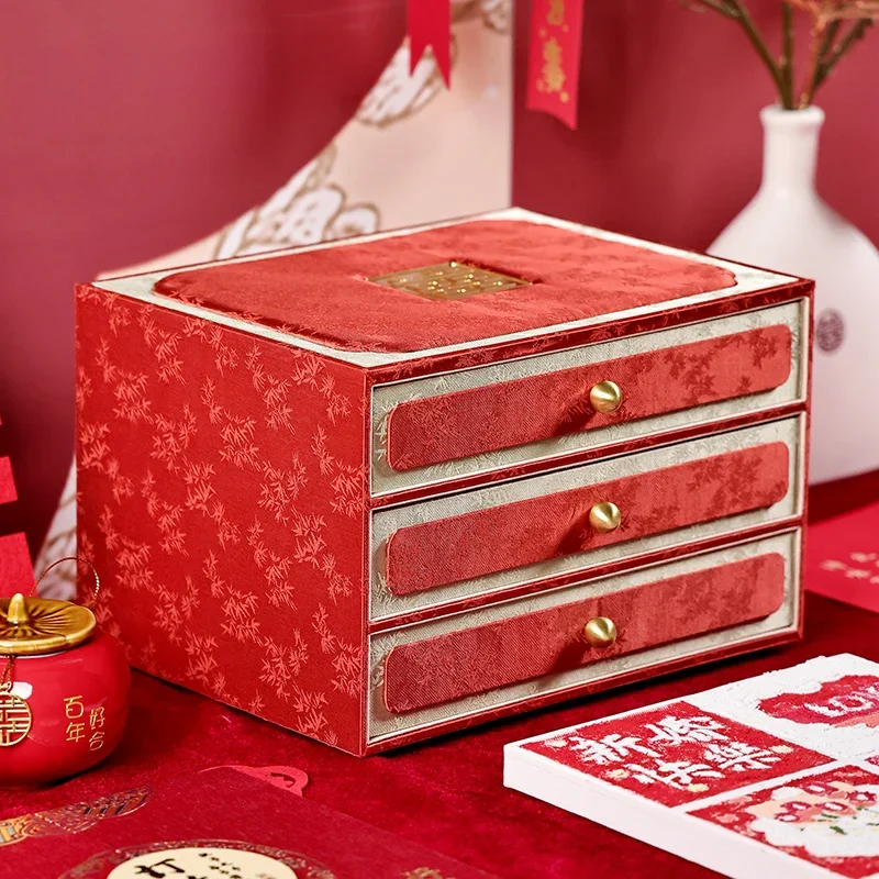 New Chinese Wedding Box Drawer Jewelry Box Multi layer Ring Bracelet Dustproof Belt Cover Gold Jewelry Box