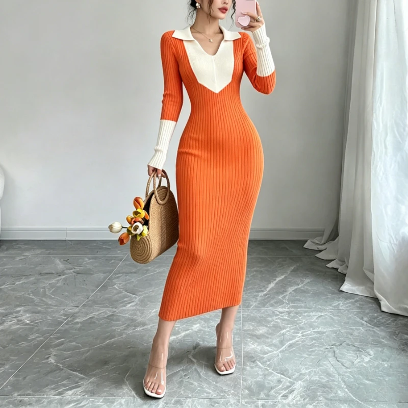 Damen Maxi-Kleid mit Block-Polokragen, elastischem Rippstrick, langen Ärmeln, figurbetontem Pullover-Look, schlankes, elegantes Party-Outfit – Detail 5