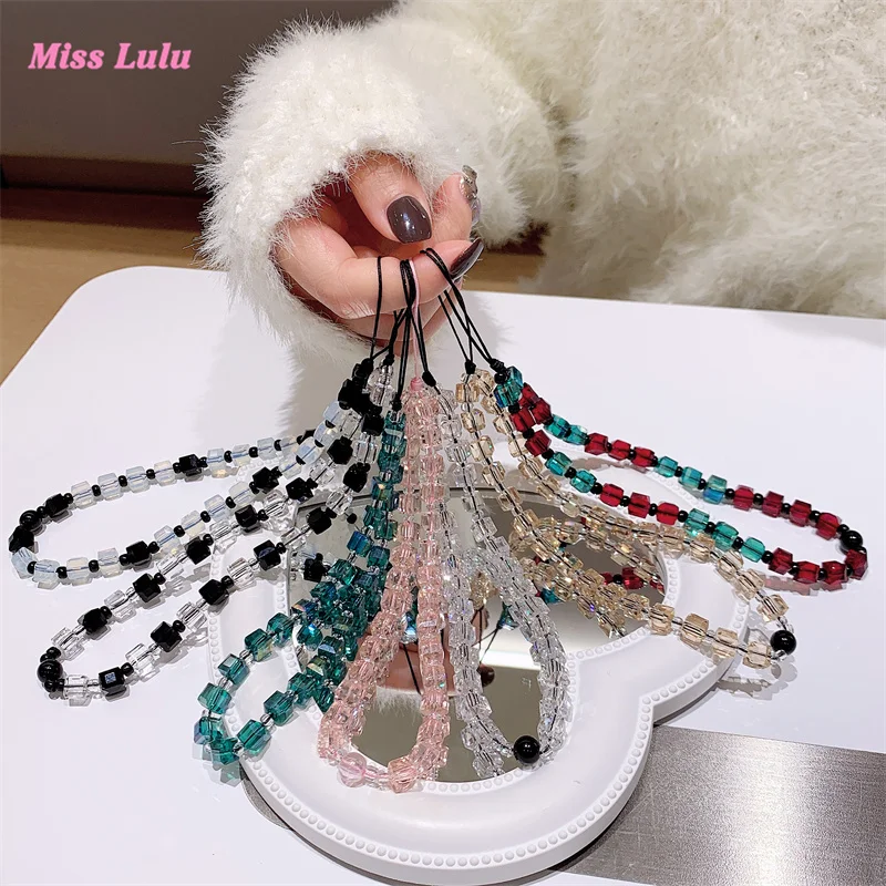 Crystal Sugar Cube Rice Bead Chain Hanging Phone Strap Colorful Bracelet Lanyard Woman Girl Bag Camera Pendant for Airpods Cases