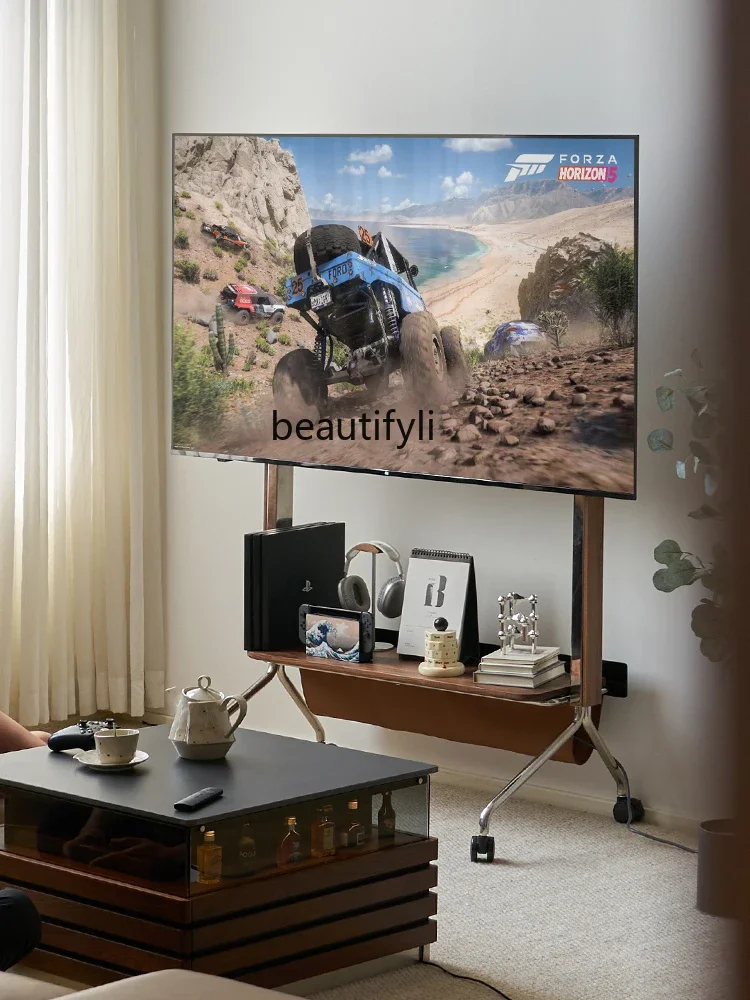 

Minimalist Creative TV Bracket Movable Black Walnut Hidden Line Shelf Floor Stainless Steel Living Room Bedroom with Wheels