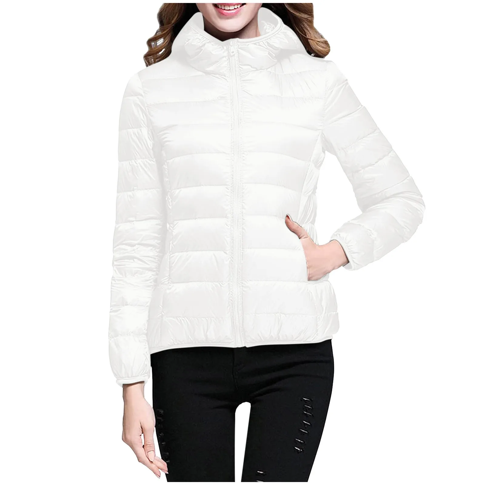 Female Slim Portable Windproof Hooded Winter Jacket Casual Basics Thermal Winter Jacket Solid Color Ultra Light Down Jacket