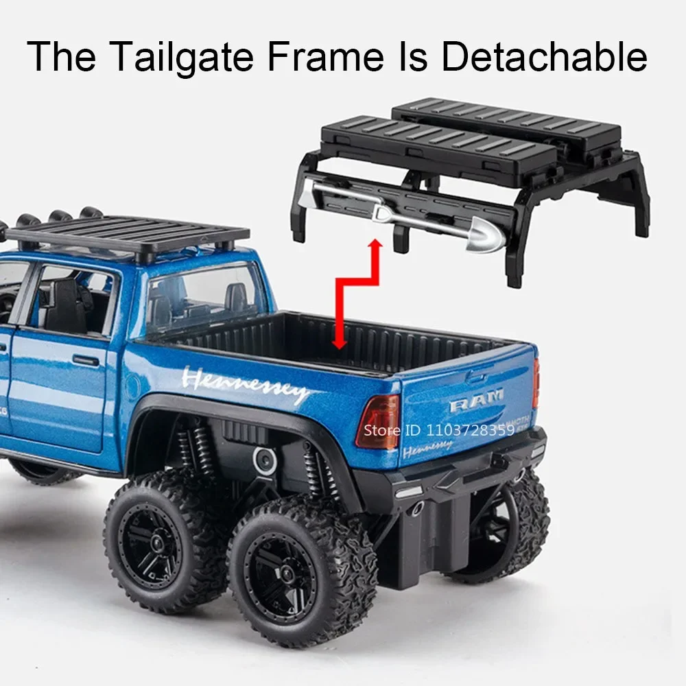 1:32 장난감 모델 RAM 맘모스 6x6 자동차 합금 다이캐스트 오프로드 차량 소리와 빛 풀백 도어 오픈 자동차 장난감 어린이 선물