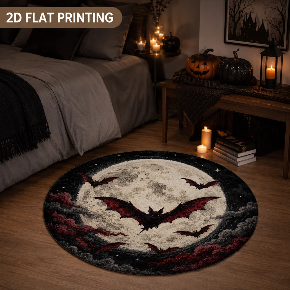 Purple Bat Halloween Full Moon Circle Rug Bedroom Kitchen Coffee Table Home Decor Entrance Hallway Sofa Side Area Floor Mat