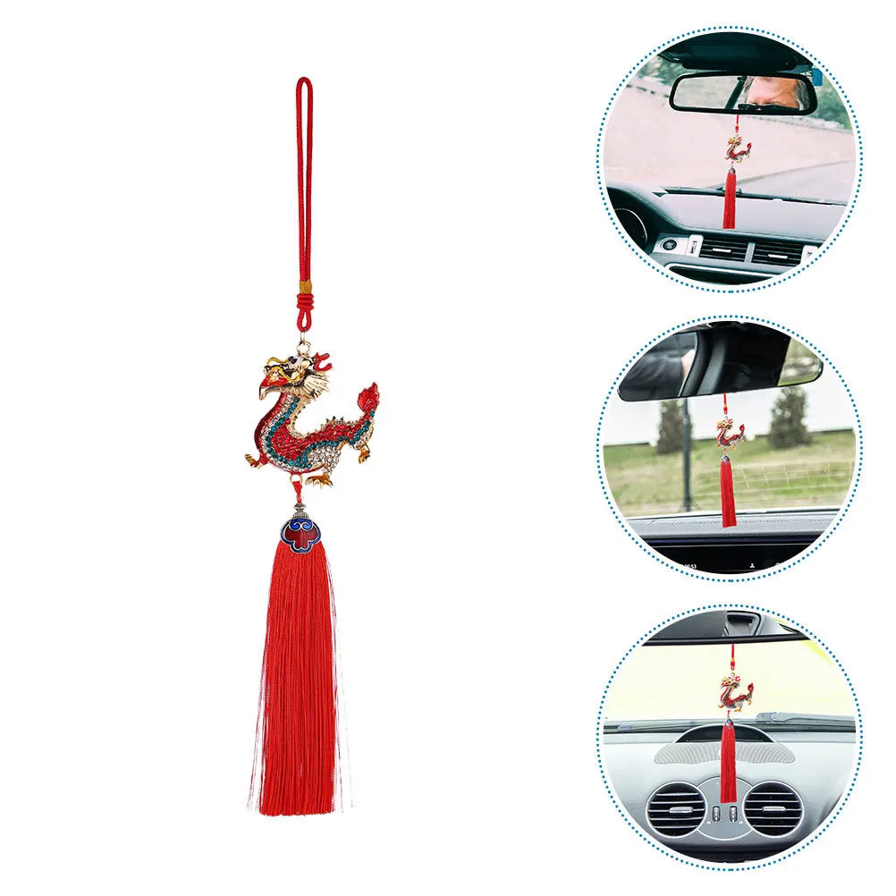

2pcs Dragon Pendant Hanging Ornament Chinese Style Tassel Rear View Mirror Decoration Rhinestone Inlay Elegant Hanging