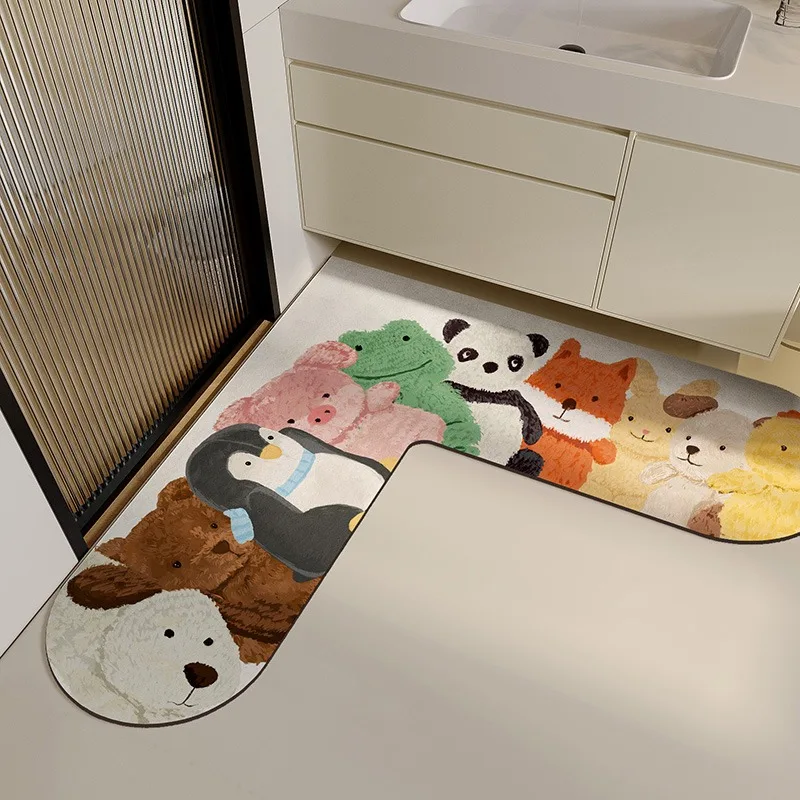 L-shaped Bathroom Door Mat Cute Cartoon Kitchen Diatom Mud Carpet Animal Pattern PVC Floor Mats Non-slip Water-absorbing Rug 양탄자