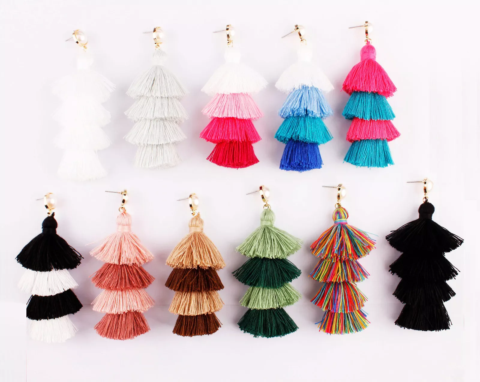 Boho Pearl and 4 Layered Cotton Tassel Statement Earrings Women Handmade Jewelry Gifts Wholesale